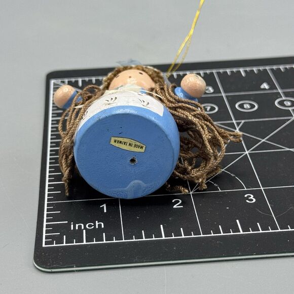 Vintage Wooden Girl Christmas Tree Ornament Handpainted Yarn Hair Brown Blue 3" - Picture 2 of 7